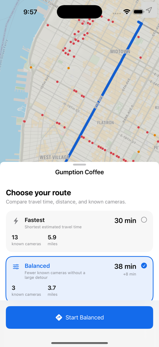 Penguin comparing fastest and balanced routes by time and known cameras